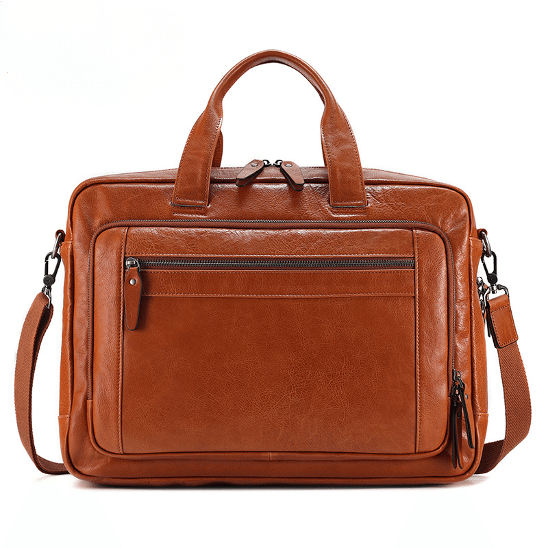 Large Capacity Vegetable Tanned Leather Men's Briefcase Laptop Bag