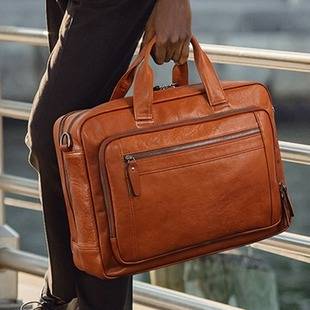 Large Capacity Vegetable Tanned Leather Men's Briefcase Laptop Bag