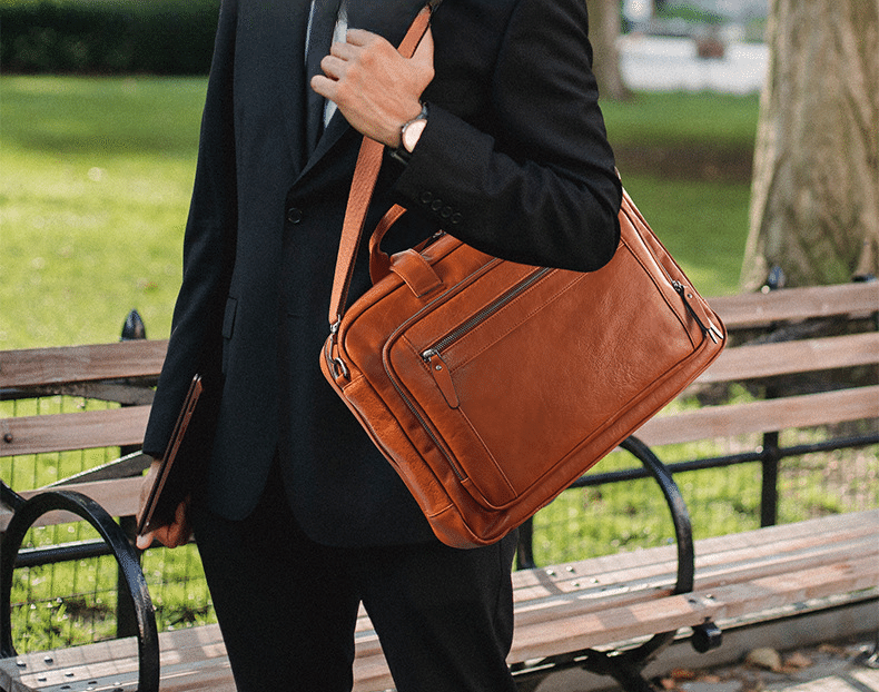 Large Capacity Vegetable Tanned Leather Men's Briefcase Laptop Bag