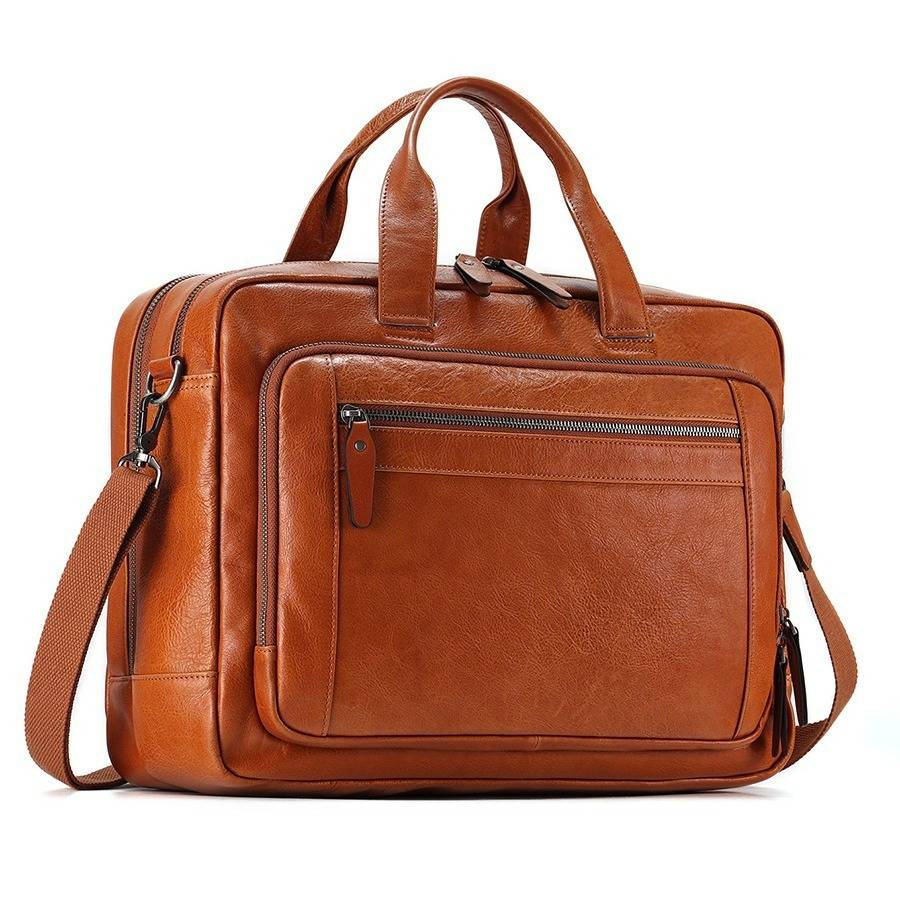 Large Capacity Vegetable Tanned Leather Men's Briefcase Laptop Bag