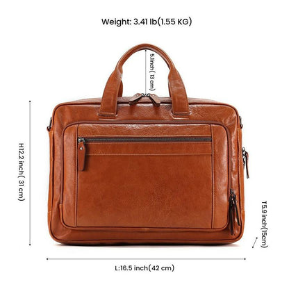 Large Capacity Vegetable Tanned Leather Men's Briefcase Laptop Bag