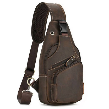 Men's Leather Sling Backpack Vintage Chest Bag with Headphone Cable Hole