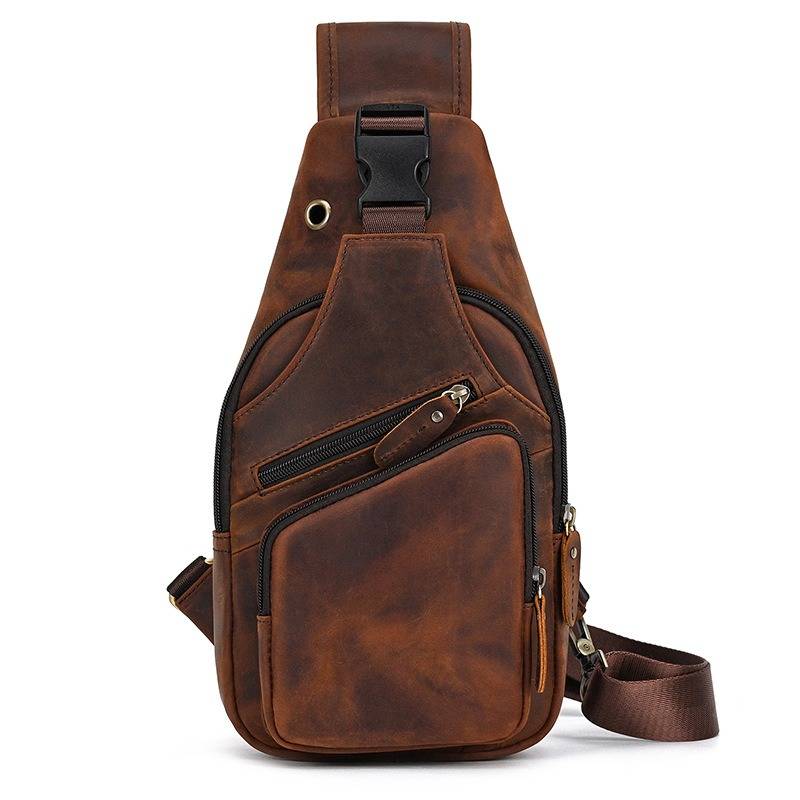 Men's Leather Sling Backpack Vintage Chest Bag with Headphone Cable Hole