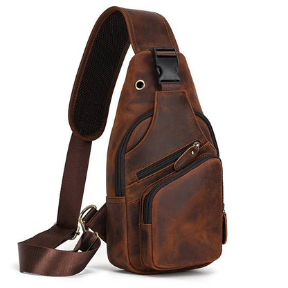 Men's Leather Sling Backpack Vintage Chest Bag with Headphone Cable Hole