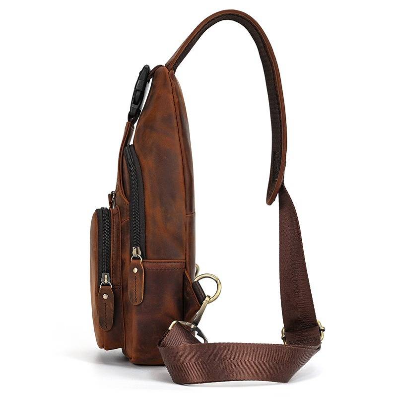 Men's Leather Sling Backpack Vintage Chest Bag with Headphone Cable Hole