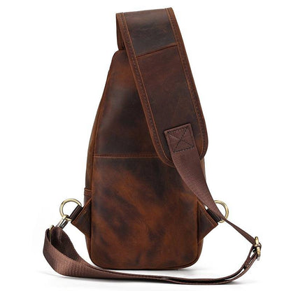 Men's Leather Sling Backpack Vintage Chest Bag with Headphone Cable Hole