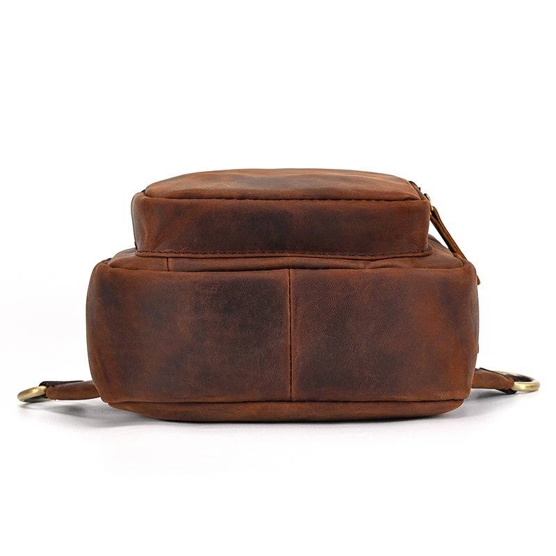 Men's Leather Sling Backpack Vintage Chest Bag with Headphone Cable Hole