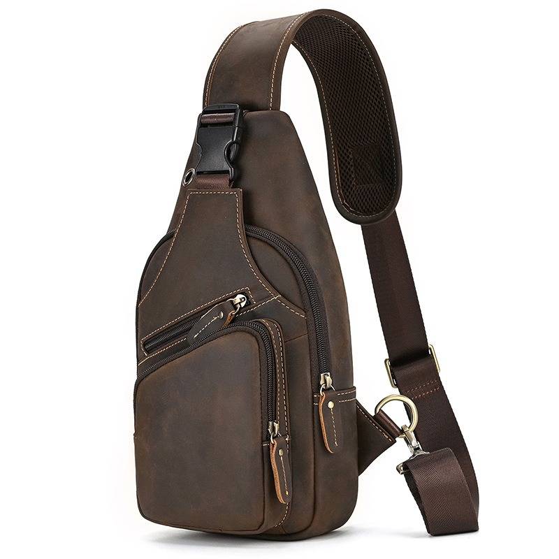 Men's Leather Sling Backpack Vintage Chest Bag with Headphone Cable Hole