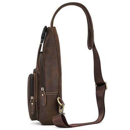 Men's Leather Sling Backpack Vintage Chest Bag with Headphone Cable Hole