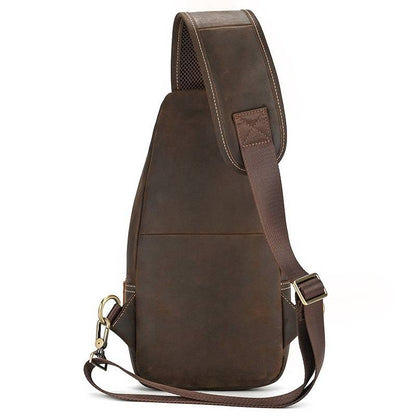 Men's Leather Sling Backpack Vintage Chest Bag with Headphone Cable Hole