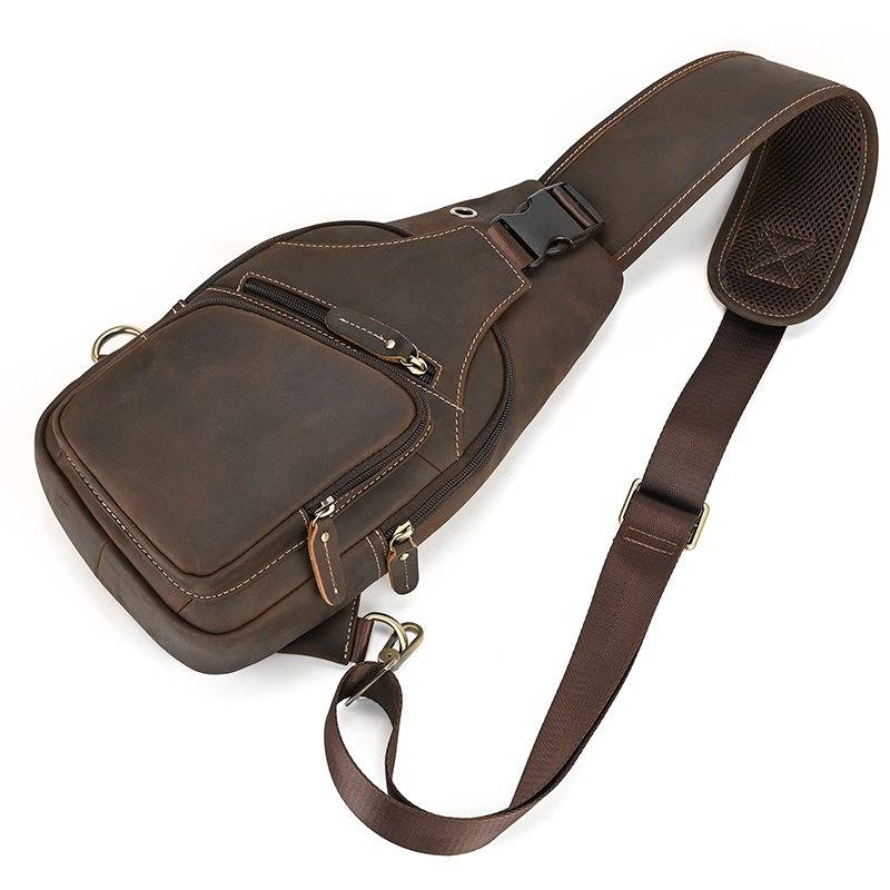 Men's Leather Sling Backpack Vintage Chest Bag with Headphone Cable Hole