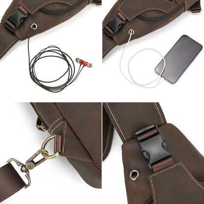 Men's Leather Sling Backpack Vintage Chest Bag with Headphone Cable Hole