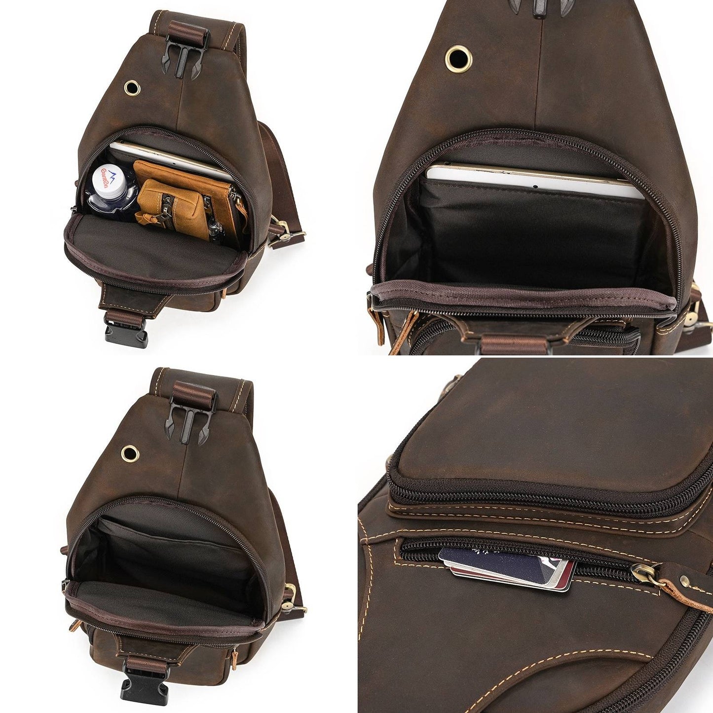 Men's Leather Sling Backpack Vintage Chest Bag with Headphone Cable Hole