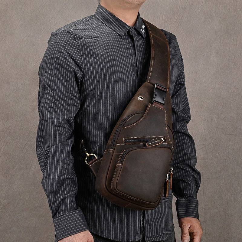 Men's Leather Sling Backpack Vintage Chest Bag with Headphone Cable Hole