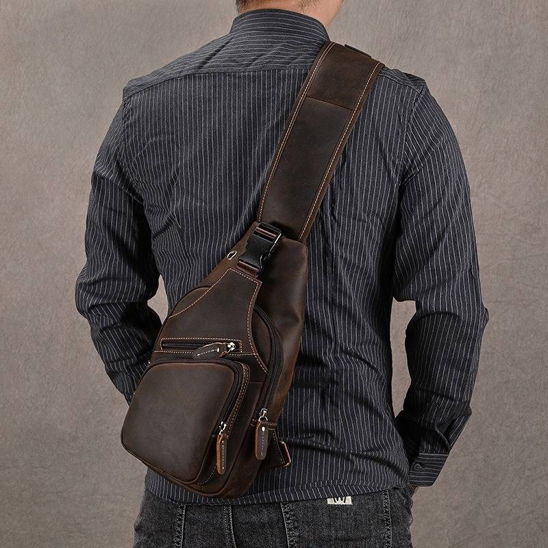 Men's Leather Sling Backpack Vintage Chest Bag with Headphone Cable Hole