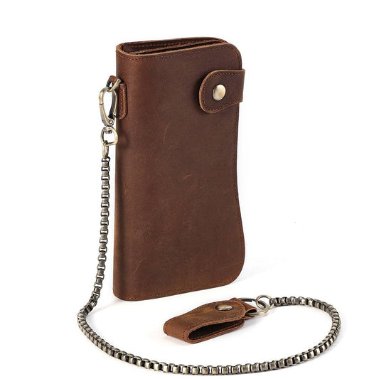 Men Long Leather Bifold Wallet with Anti-Theft Chain