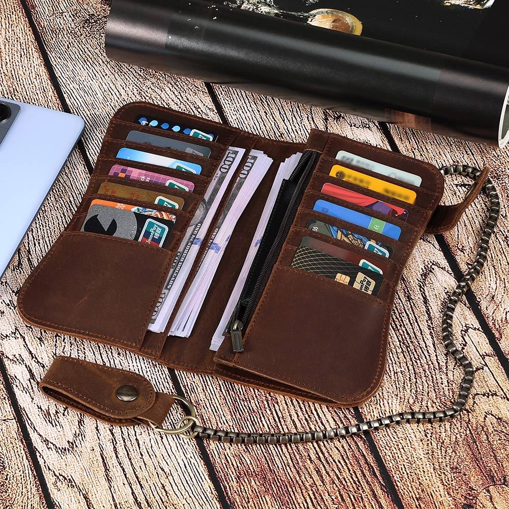 Men Long Leather Bifold Wallet with Anti-Theft Chain