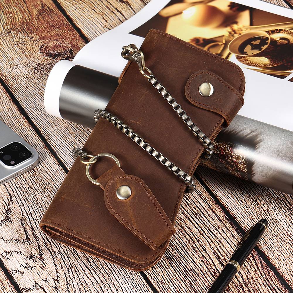 Men Long Leather Bifold Wallet with Anti-Theft Chain