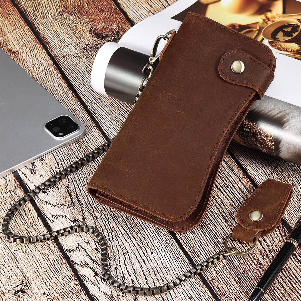 Men Long Leather Bifold Wallet with Anti-Theft Chain