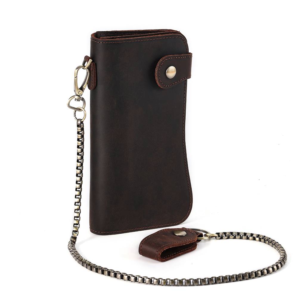 Men Long Leather Bifold Wallet with Anti-Theft Chain