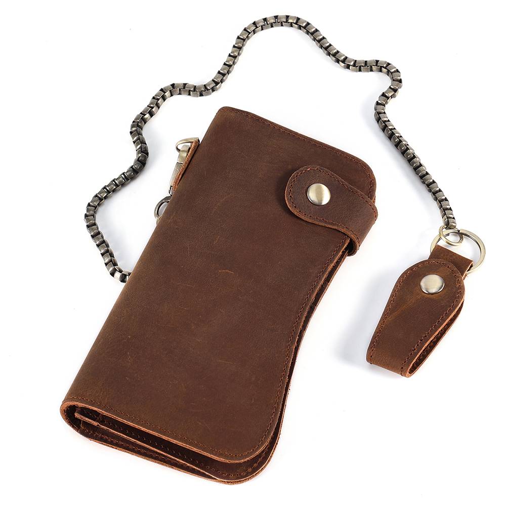 Men Long Leather Bifold Wallet with Anti-Theft Chain