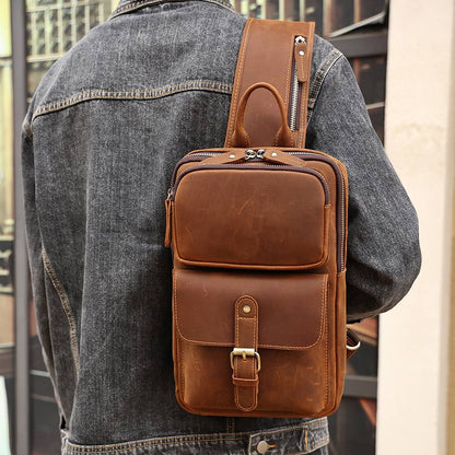 Vintage Full Grain Leather Men's Sling Chest Bag