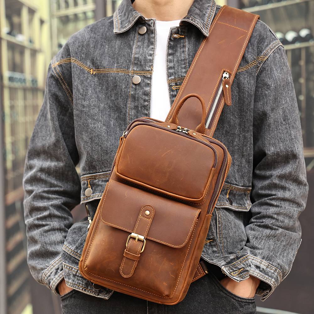 Vintage Full Grain Leather Men's Sling Chest Bag