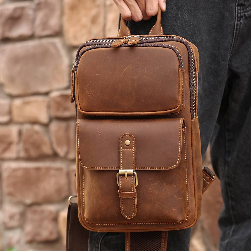 Vintage Full Grain Leather Men's Sling Chest Bag