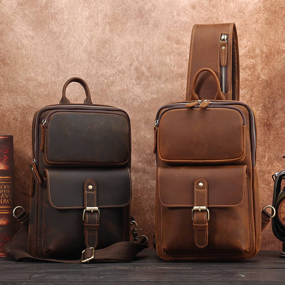 Vintage Full Grain Leather Men's Sling Chest Bag