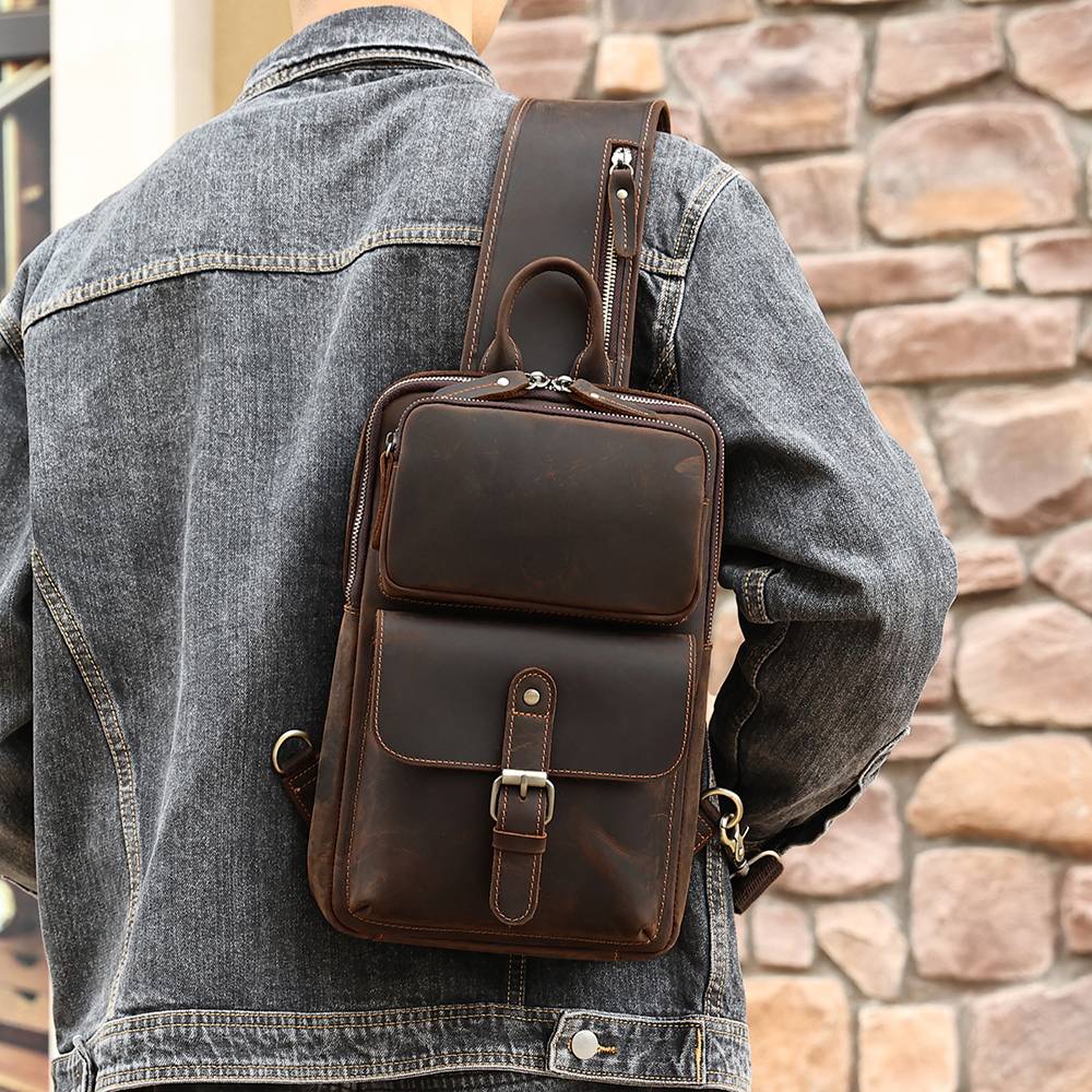 Vintage Full Grain Leather Men's Sling Chest Bag