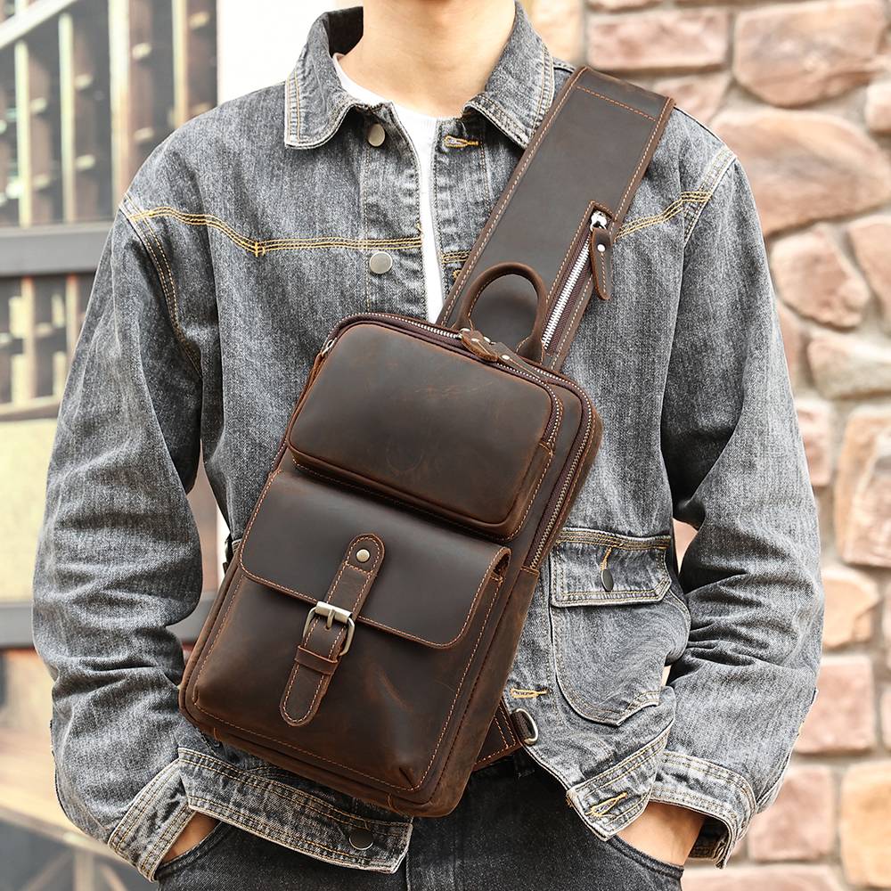 Vintage Full Grain Leather Men's Sling Chest Bag