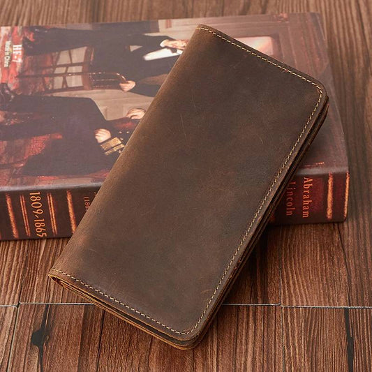 Men Vintage Leather Long Bifold Wallet