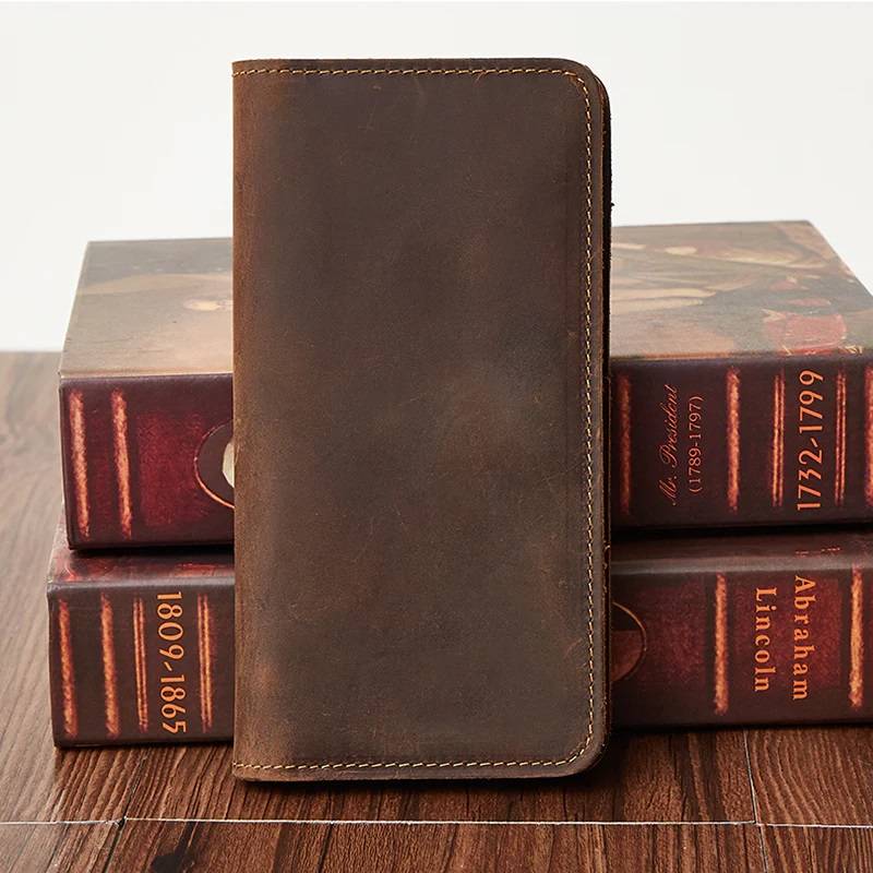 Men Vintage Leather Long Bifold Wallet