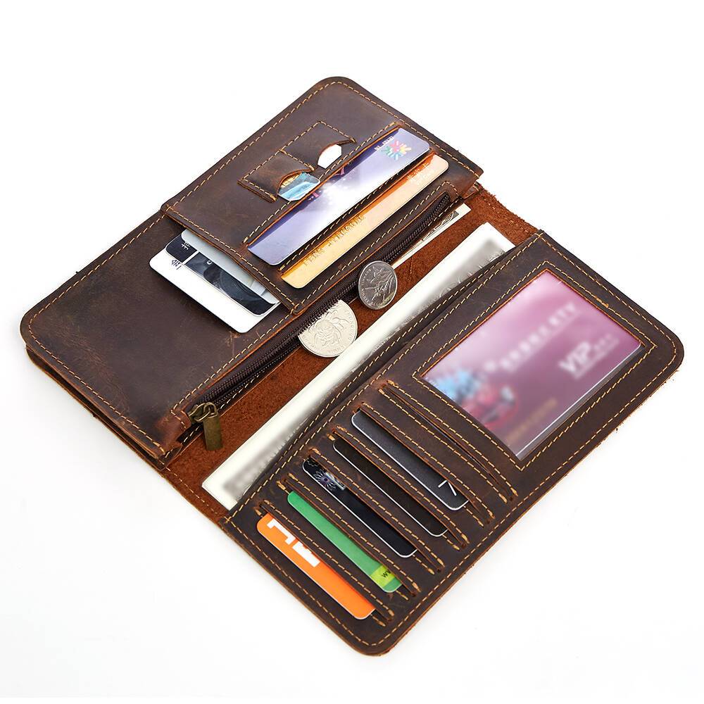 Men Vintage Leather Long Bifold Wallet