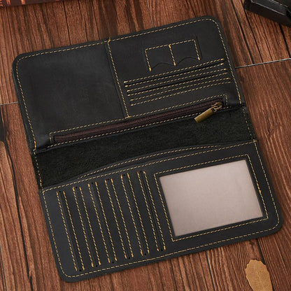 Men Vintage Leather Long Bifold Wallet