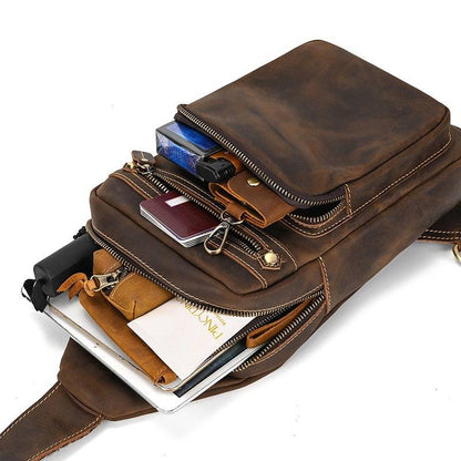 Leather Men's Sling Backpack Vintage Crossbody Chest Bag