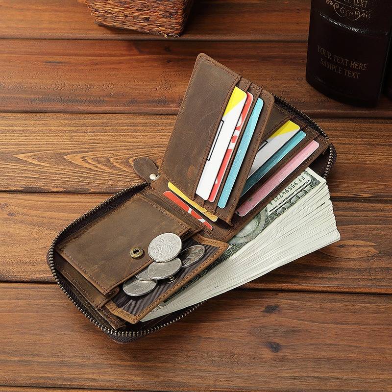 Men Leather Zipper Around RFID Wallet