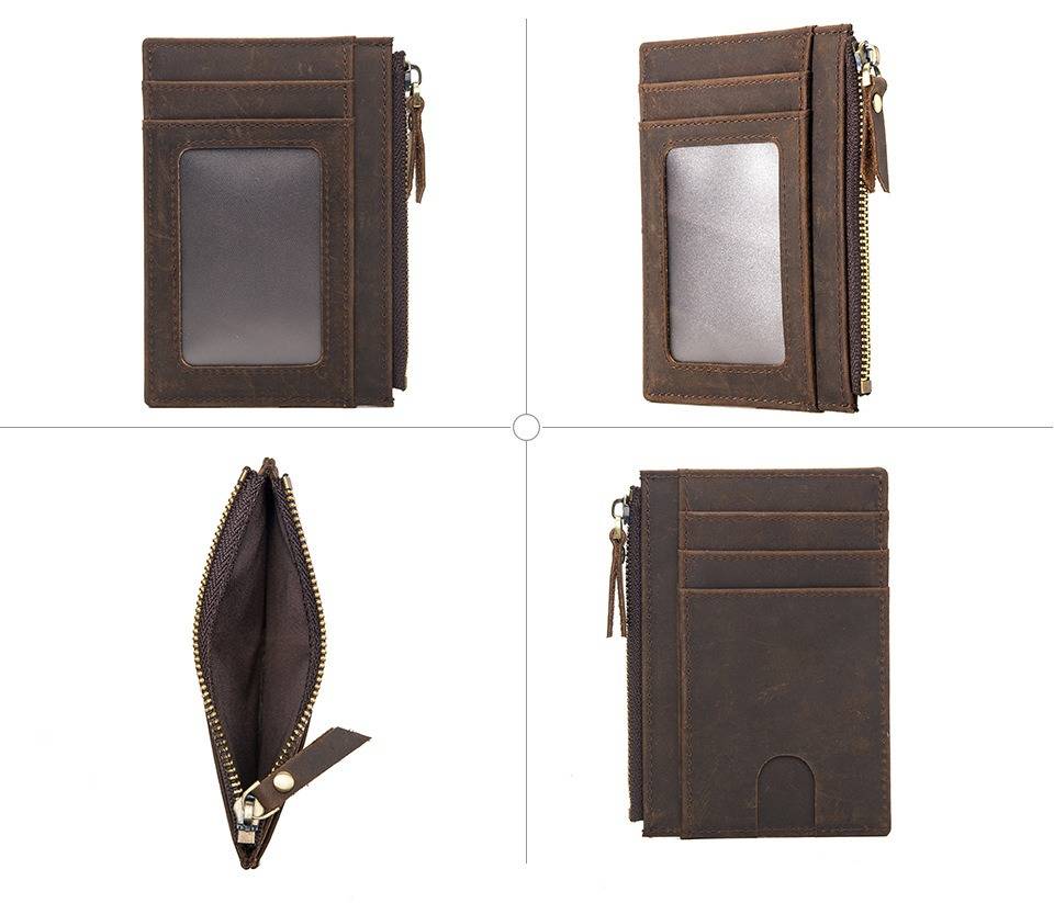 Leather Slim Wallet Zipper Coin Pocket